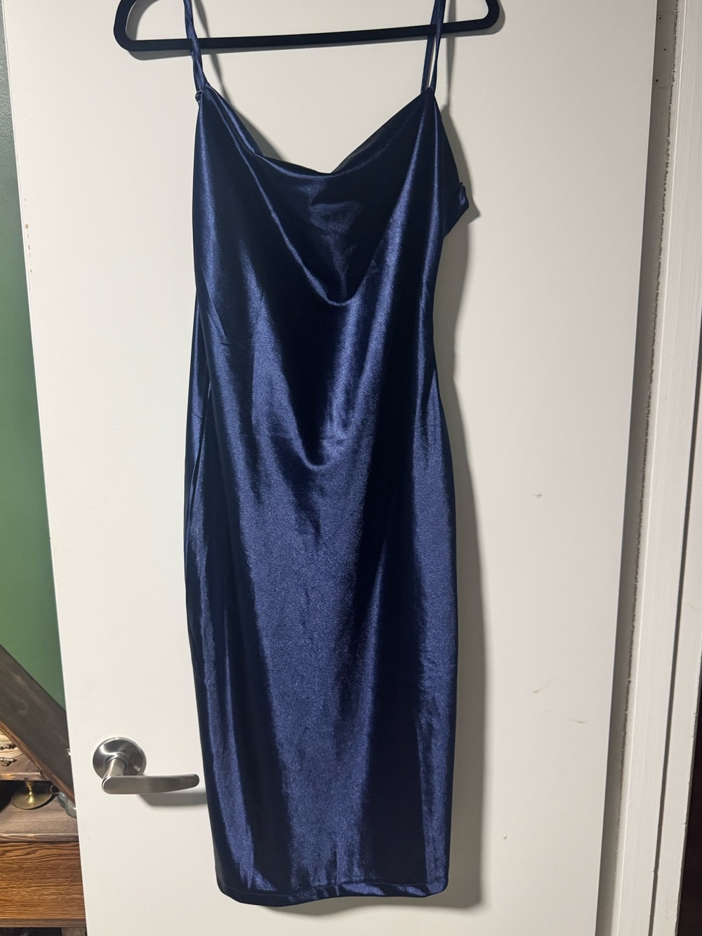 Elegant Navy Satin Cowl Midi Dress with Spaghetti Straps